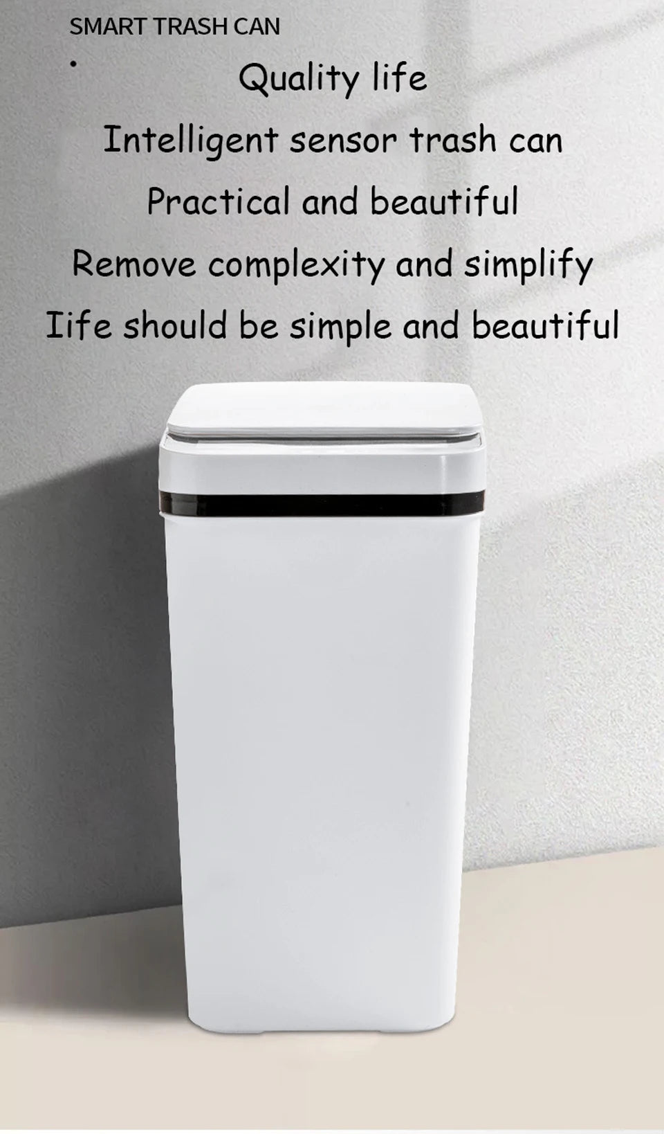 A white touchless motion sensor trash can with a black lid standing on a light surface.