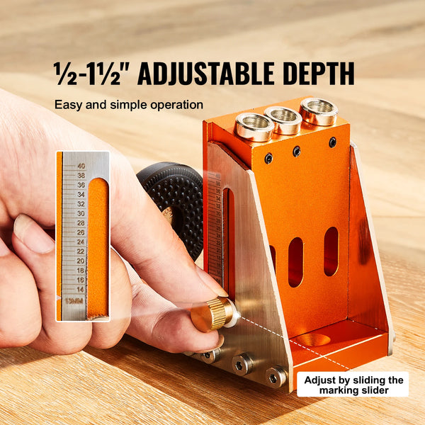 A hand adjusts the depth of an orange aluminum pocket hole jig using a marking slider.