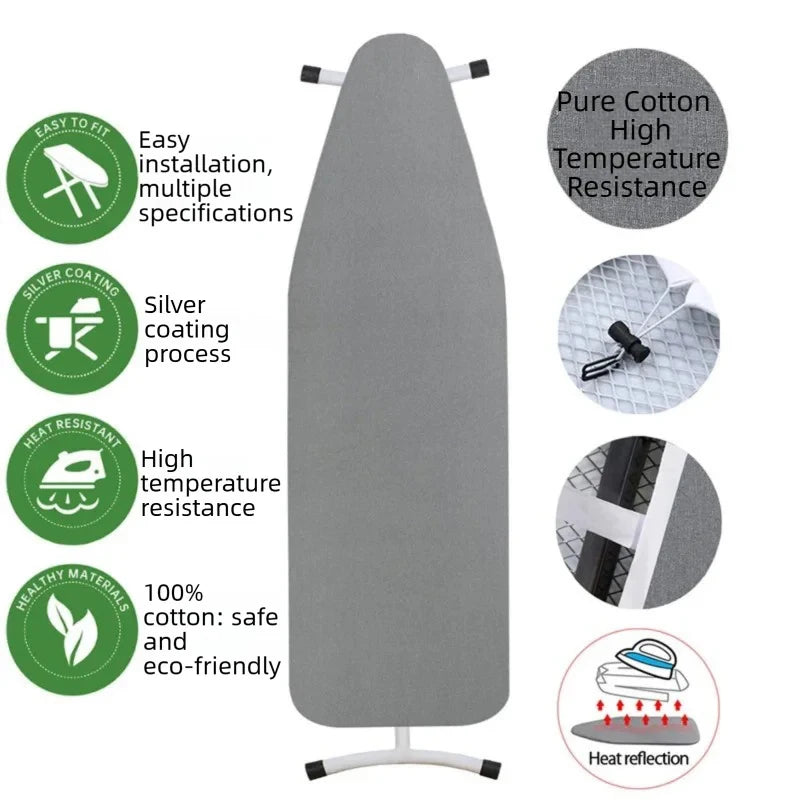 Gray ironing board cover with silver coating and heat resistant padding features for easy installation.