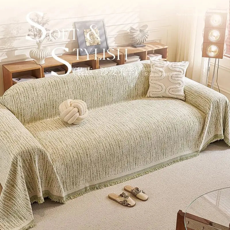 Thick Chenille Sofa Cover with Tassel Fringe — Scratch Resistant & Reversible