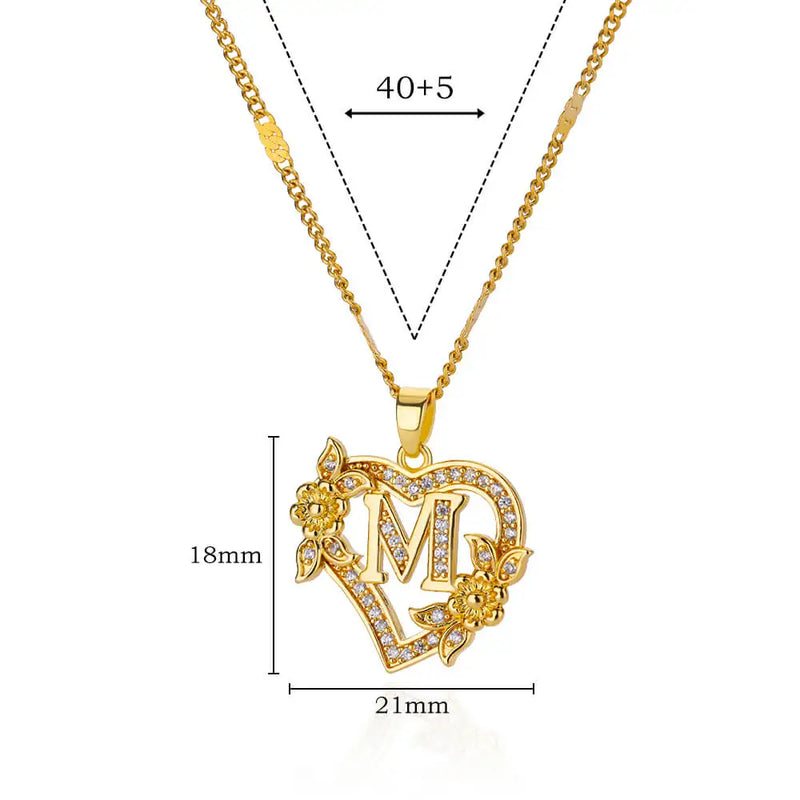 Zircon Flower Heart Initial Necklace