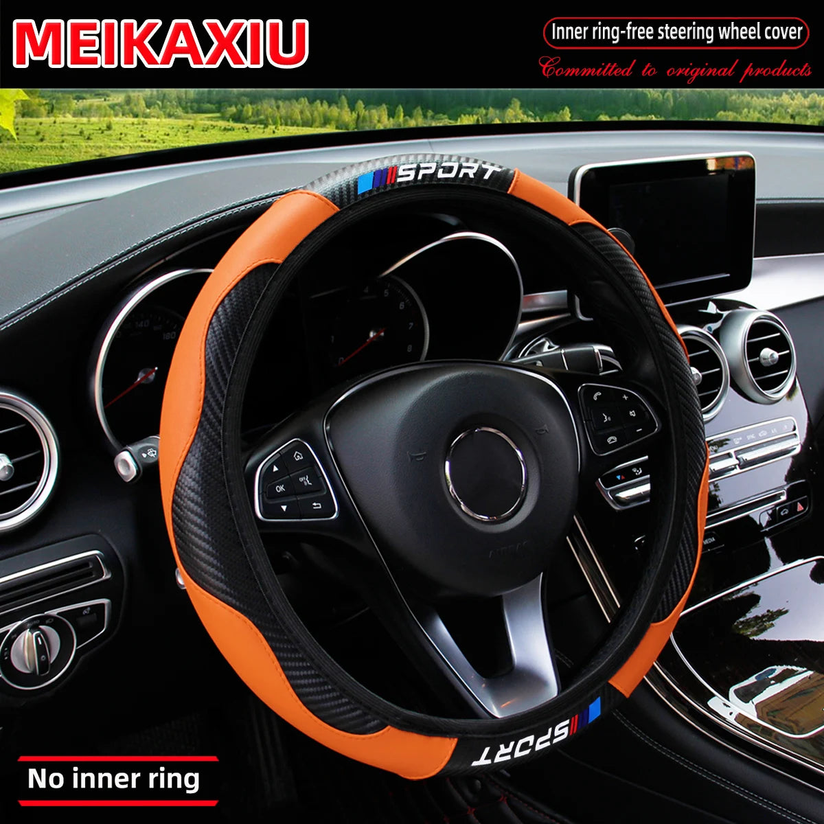 Orange and black carbon fiber steering wheel cover for a car, shown inside the vehicle cockpit.