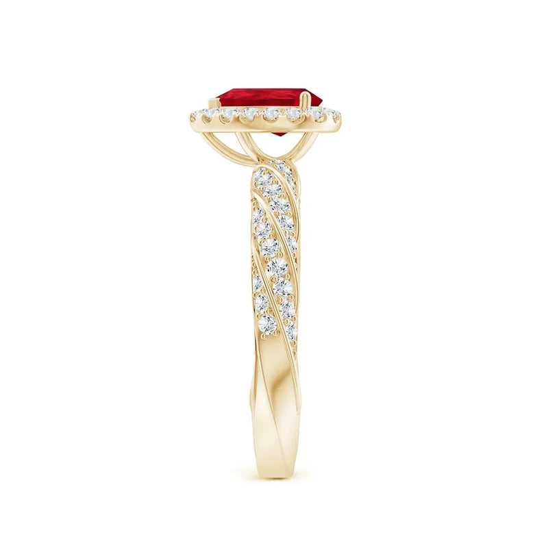 Pear-Cut Lab-Grown Ruby Halo Ring in Yellow Gold