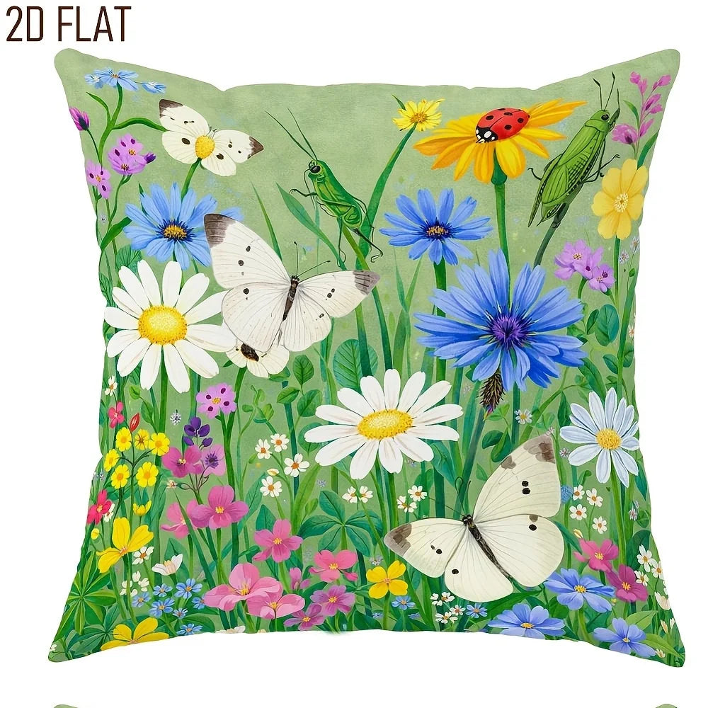 A 2D flat illustration of a floral pattern featuring butterflies, bees, and various wildflowers in green and purple tones.