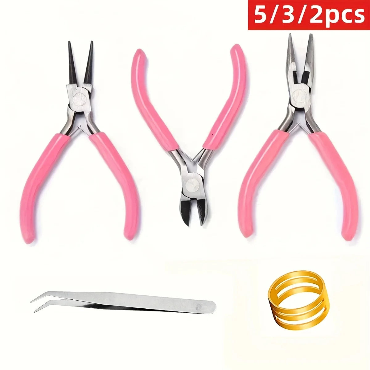 Pink Jewelry Pliers Tool Kit with Needle, Round Wire Cutter, and Curved Nose Pliers