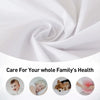 A white waterproof fitted mattress protector with an elastic edge shown in various close-up shots.