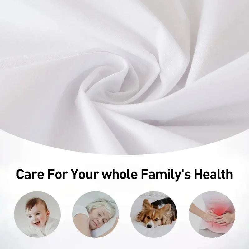 A white waterproof fitted mattress protector with an elastic edge shown in various close-up shots.