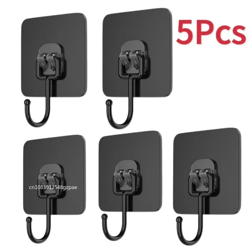 Five black self-adhesive rotating wall hooks for storage in kitchens, bathrooms, and entryways