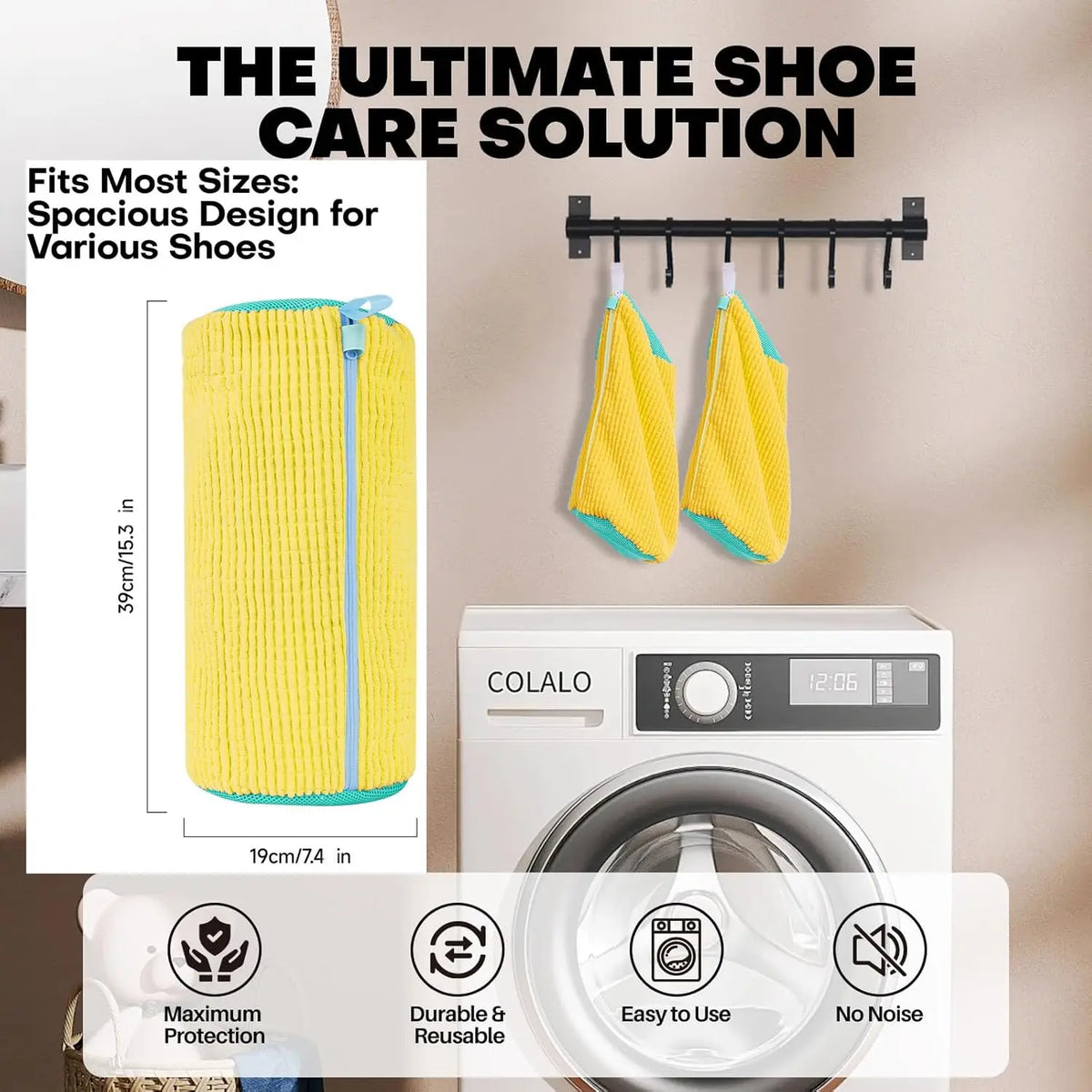 A yellow breathable shoe washing bag with a zipper hanging on a clothes rack next to a washing machine.