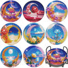 A set of sparkling diamond painting coasters and a holder featuring vibrant colors and designs.