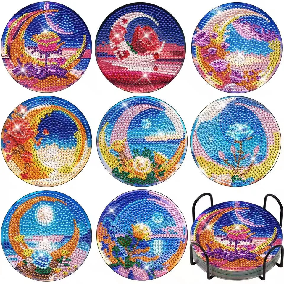 A set of sparkling diamond painting coasters and a holder featuring vibrant colors and designs.