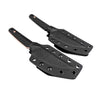 A black full tang fixed blade knife with a G10 handle and Kydex sheath.