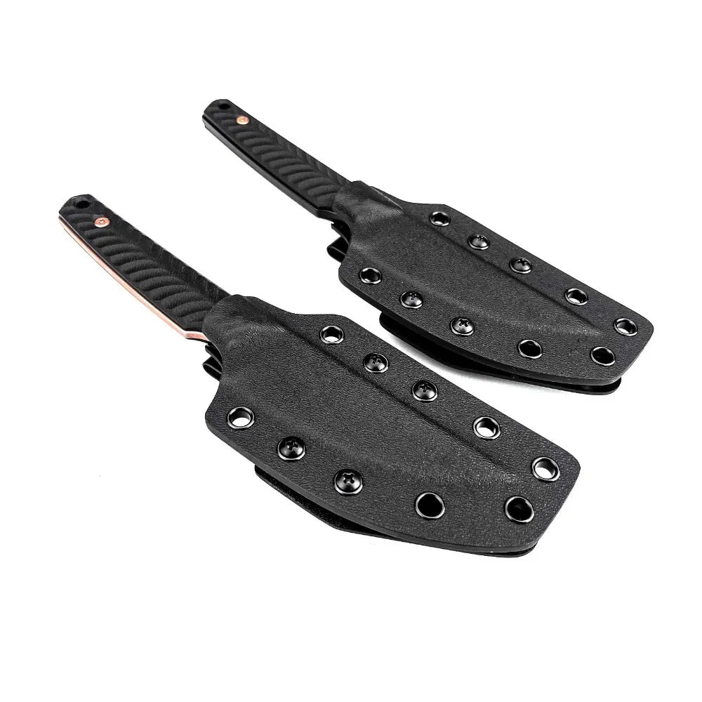 A black full tang fixed blade knife with a G10 handle and Kydex sheath.