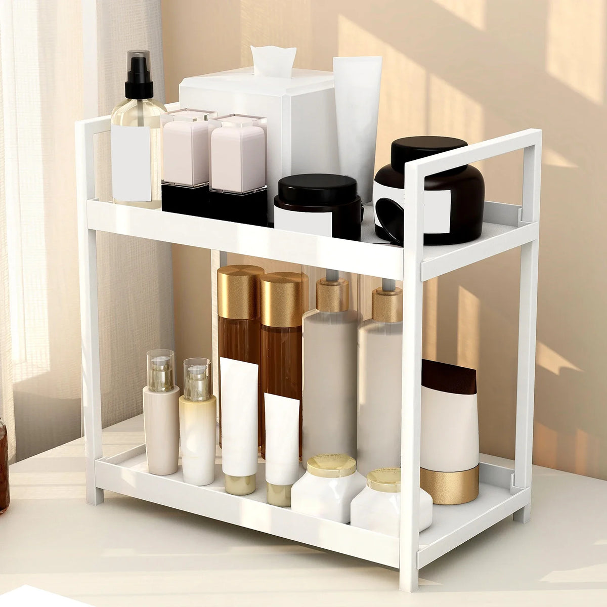 2-Tier Metal Desktop Organizer Rack for Cosmetics, Office Supplies & Bathroom Essentials