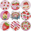 A set of pink and red strawberry-themed diamond art coasters with metal stands.