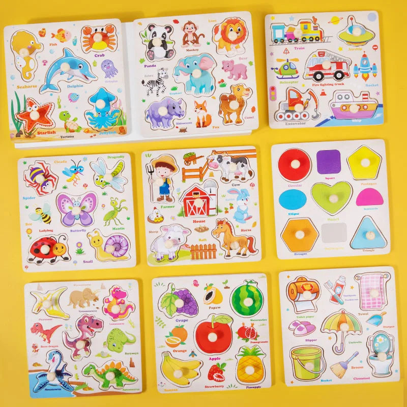 A collection of wooden 3D jigsaw puzzles featuring animals, traffic, and fruit themes for toddlers.