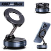 Black magnetic car phone holder with a foldable adjustable arm designed for smartphone mounting.