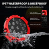 Red IP67 waterproof LED work light bar pair with spot beam being tested in water.