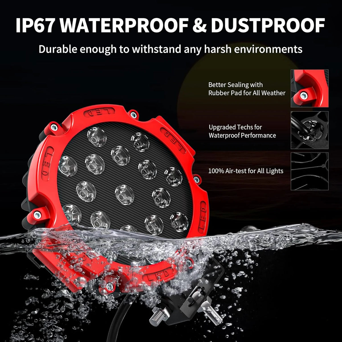 Red IP67 waterproof LED work light bar pair with spot beam being tested in water.