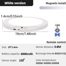 White version of a rechargeable ceiling light with a magnetic install, featuring a motion sensor and remote control.