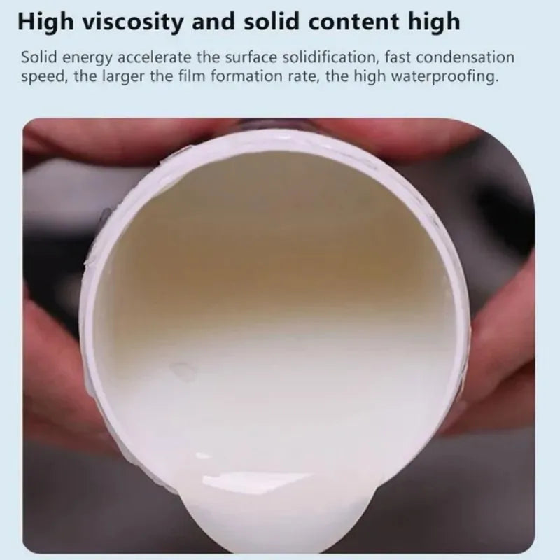 A hand holds a clear container filled with a viscous, white liquid sealant.