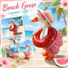 A white goose plush toy wearing a red life preserver and a red and white checkered outfit, set against a beach background.
