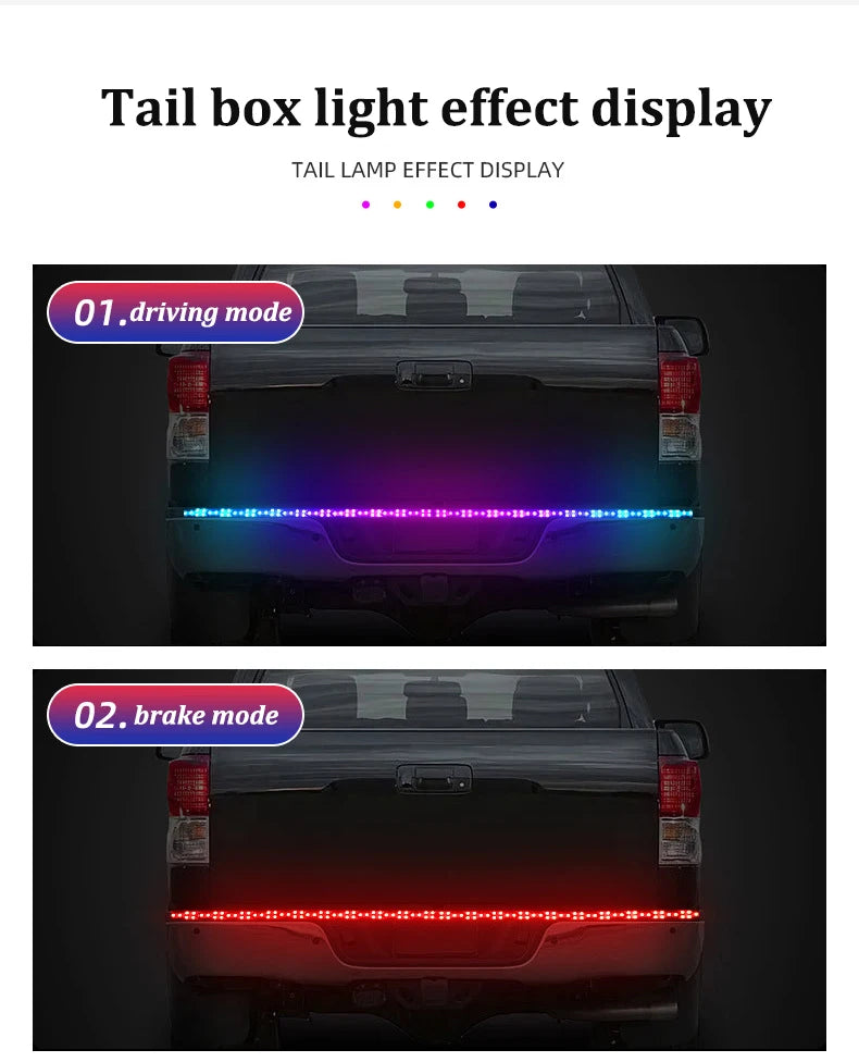 Display of an RGB LED tail light effect showing driving mode and brake mode on a vehicle's tailgate.
