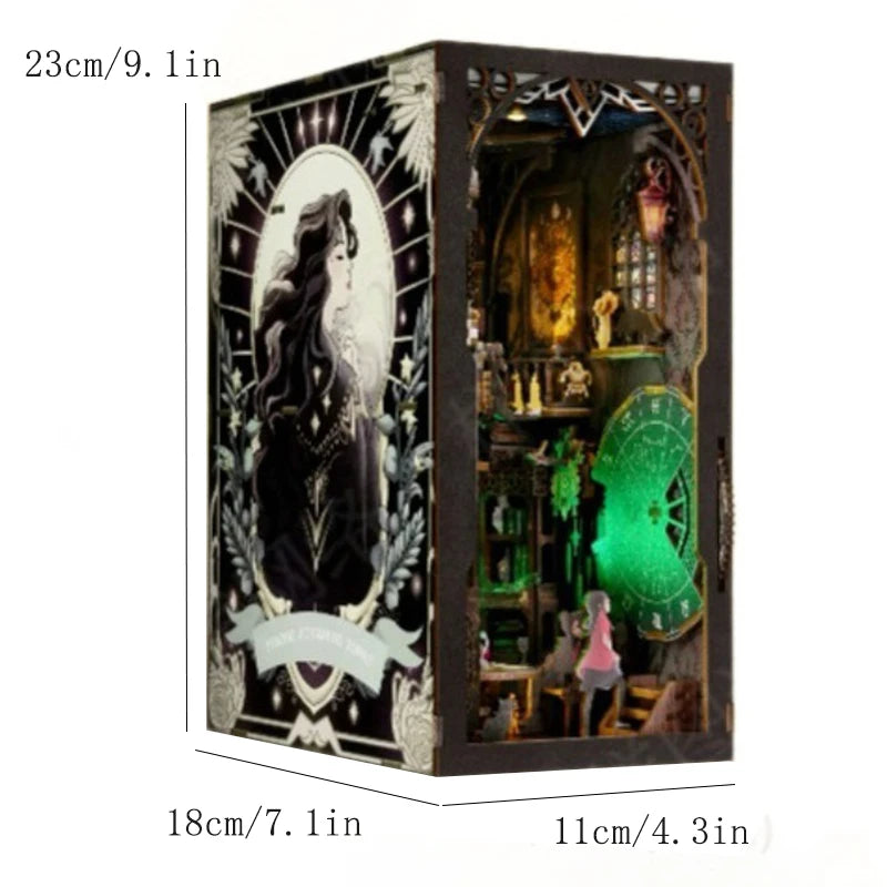 A wooden 3D puzzle bookshelf insert decor featuring a magical house scene with figures and ornate details.