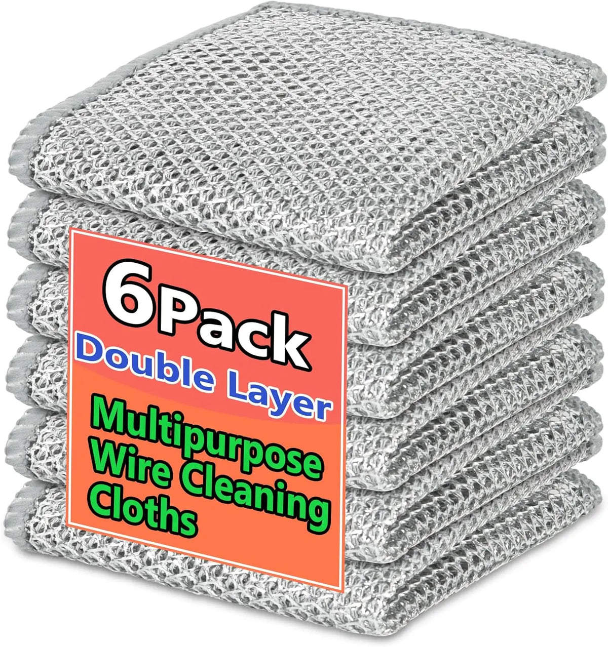 A stack of six multipurpose wire cleaning cloths in gray, featuring a double layer design.