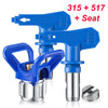 A set of three blue paint spray nozzles, including a seat and a tip, with numbers 315 and 517.