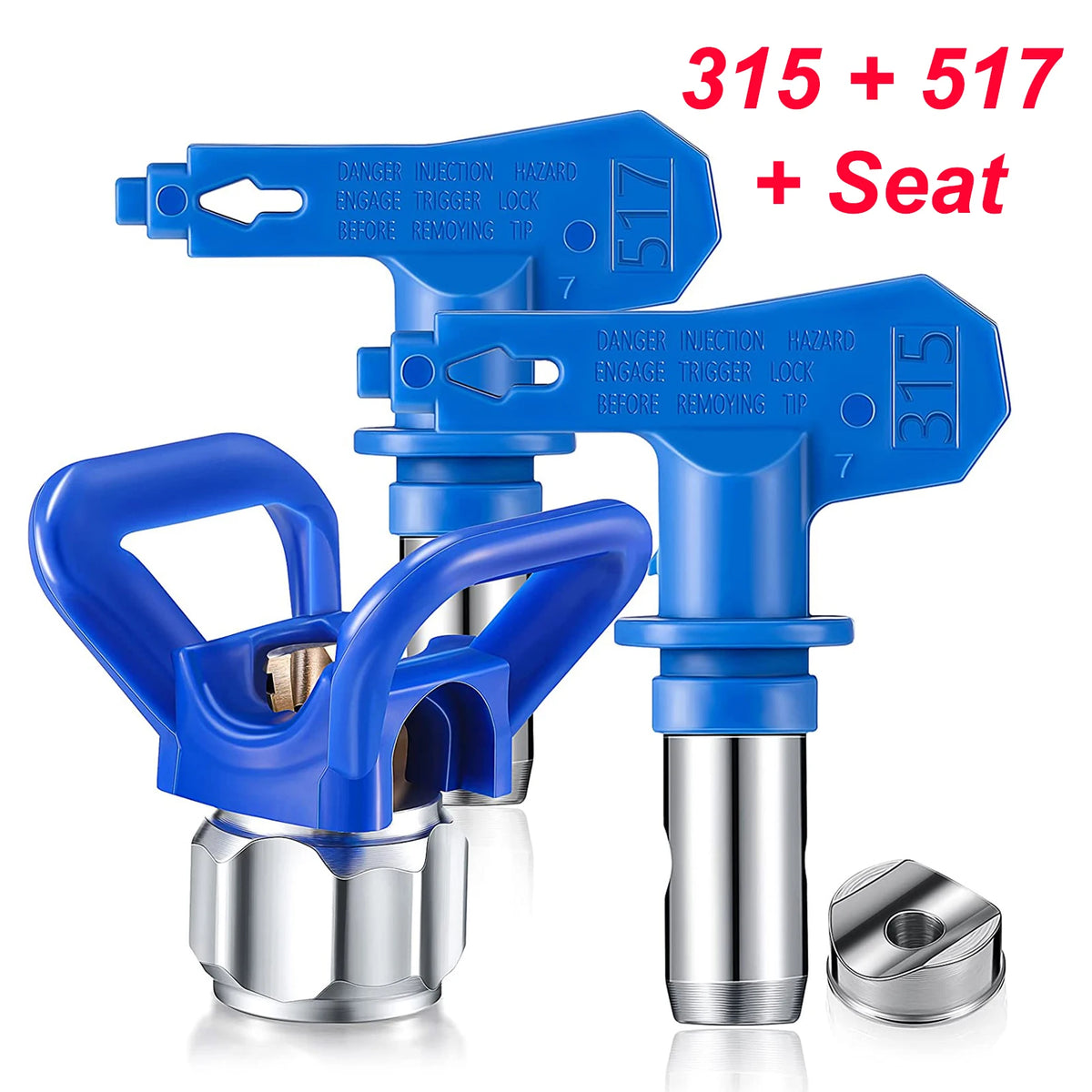 A set of three blue paint spray nozzles, including a seat and a tip, with numbers 315 and 517.
