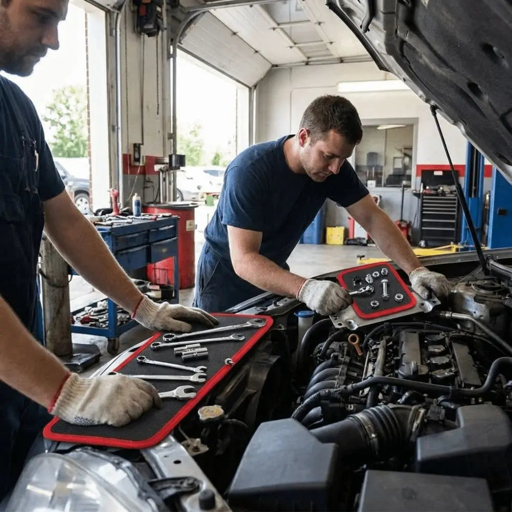 A mechanic works on an engine, using a heavy-duty magnetic tool mat with a strong magnet grip.