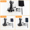 Three sets of solar string lights are shown with 2200mAh, 1200mAh, and 1800mAh batteries, along with remote controls and sola
