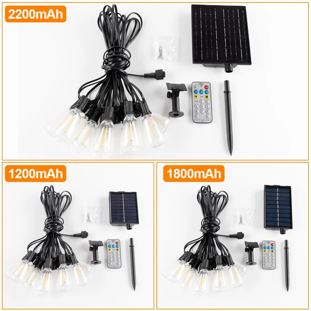 Three sets of solar string lights are shown with 2200mAh, 1200mAh, and 1800mAh batteries, along with remote controls and sola