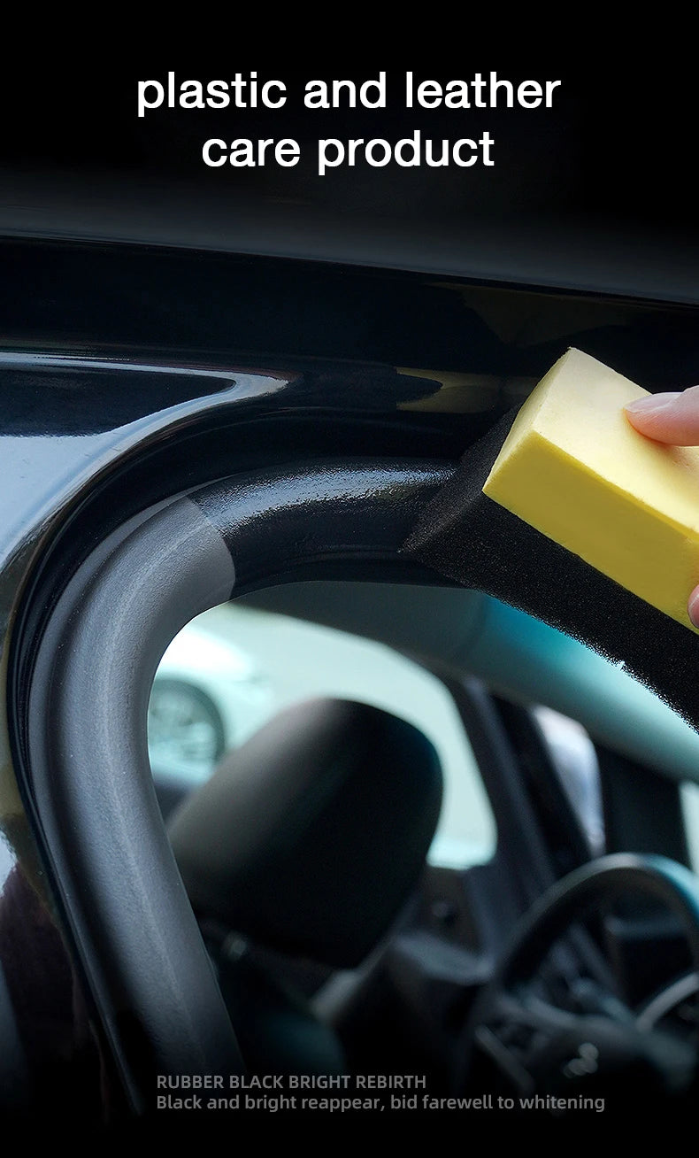 A yellow plastic and leather care product is being applied to a car interior surface.