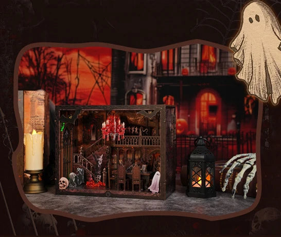 A DIY wooden book nook kit featuring a spooky Halloween miniature shelf insert with LED lights and decorative elements.