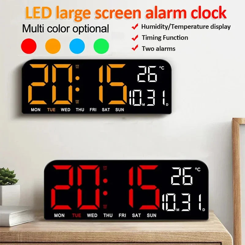 A black LED large screen alarm clock displaying the time 20:15 and temperature 26 degrees.