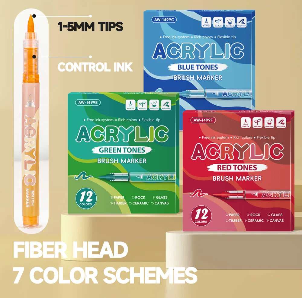 A set of 12-color acrylic paint markers featuring blue, green, and red tones with soft brush tips.