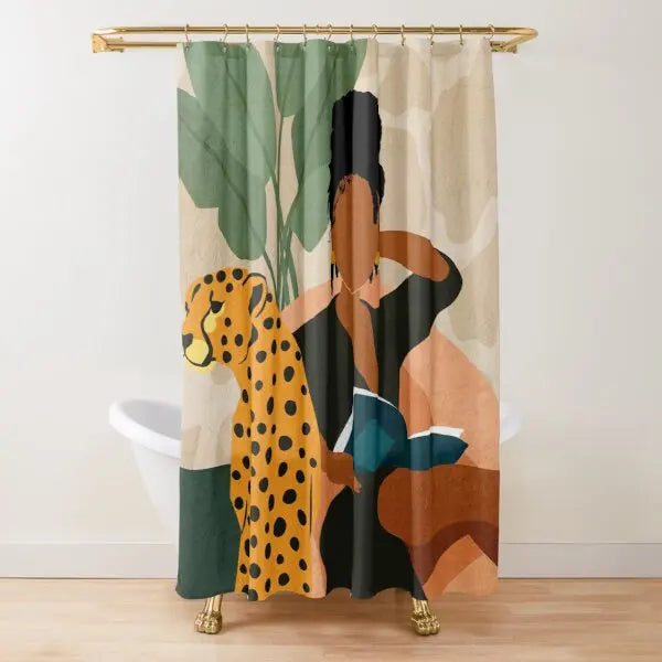 A shower curtain featuring a large print of a woman and a leopard, in shades of olive green, brown, and beige.
