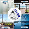 A white magnetic double-sided window cleaner device with a blue safety rope shown in various contexts.