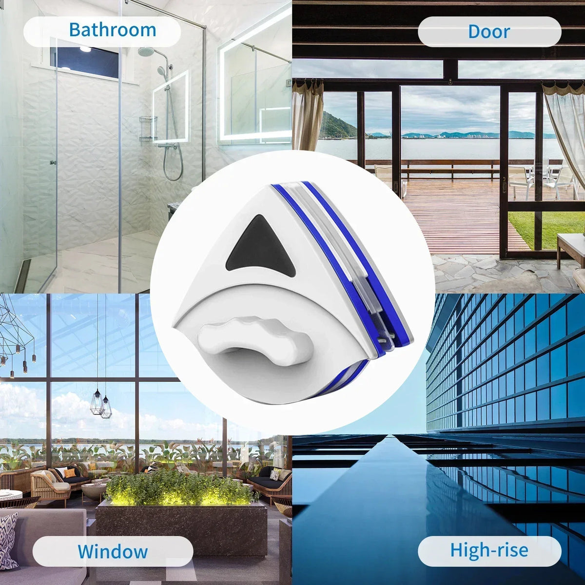 A white magnetic double-sided window cleaner device with a blue safety rope shown in various contexts.