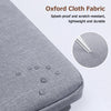 A close-up view of a gray Oxford cloth fabric laptop sleeve with stitched details.