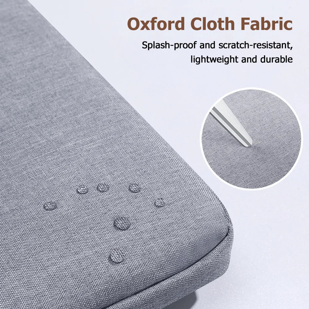 A close-up view of a gray Oxford cloth fabric laptop sleeve with stitched details.