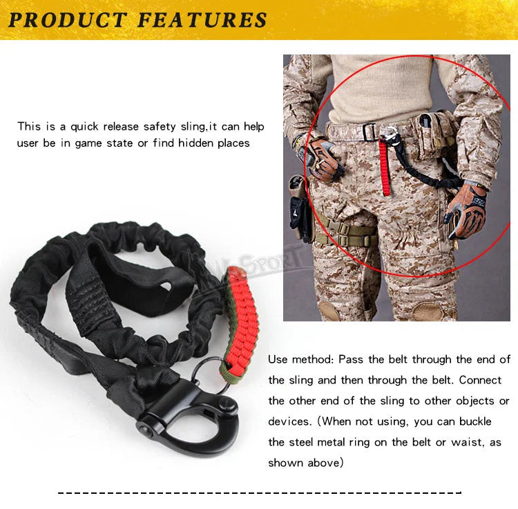 A tactical rifle sling with an adjustable belt and shoulder pad is shown being used on a person's torso.