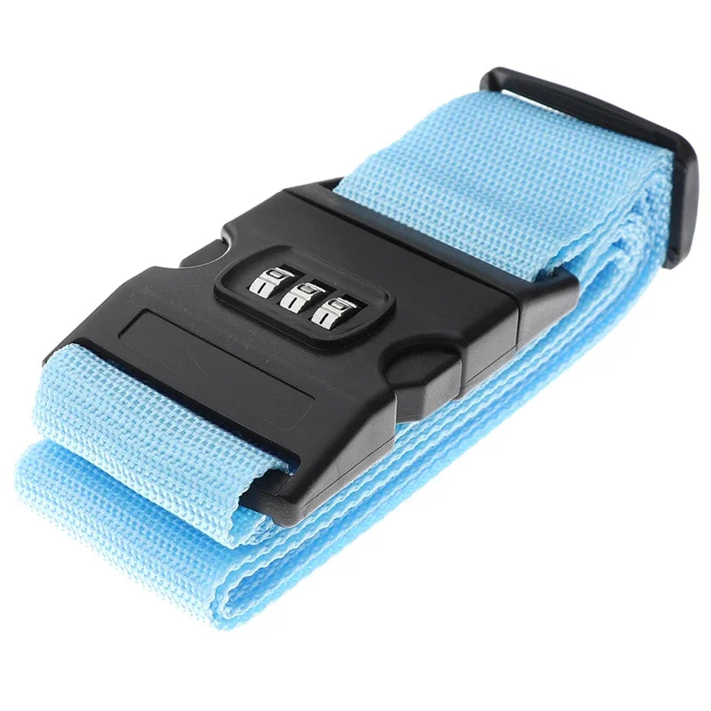 A light blue adjustable luggage strap with a black combination lock feature.