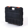 A black adjustable compartment tool box organizer with orange accents.