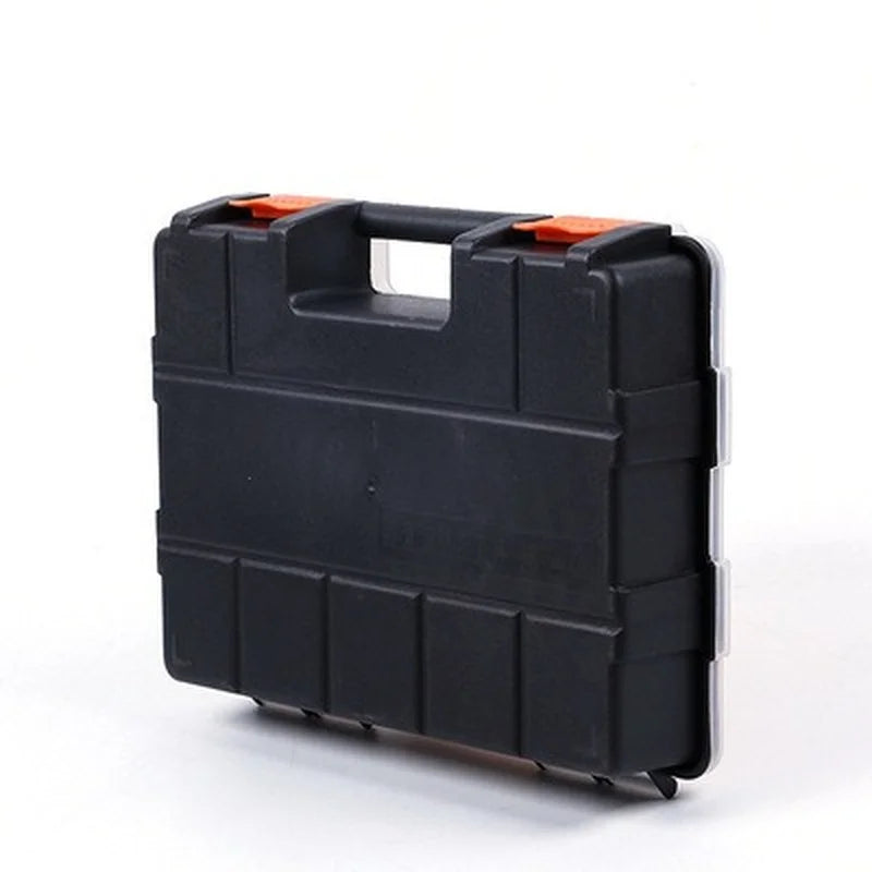 A black adjustable compartment tool box organizer with orange accents.