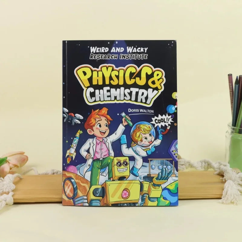 A dark green comic book titled Physics & Chemistry by Doris Walton featuring cartoon characters in a science setting.