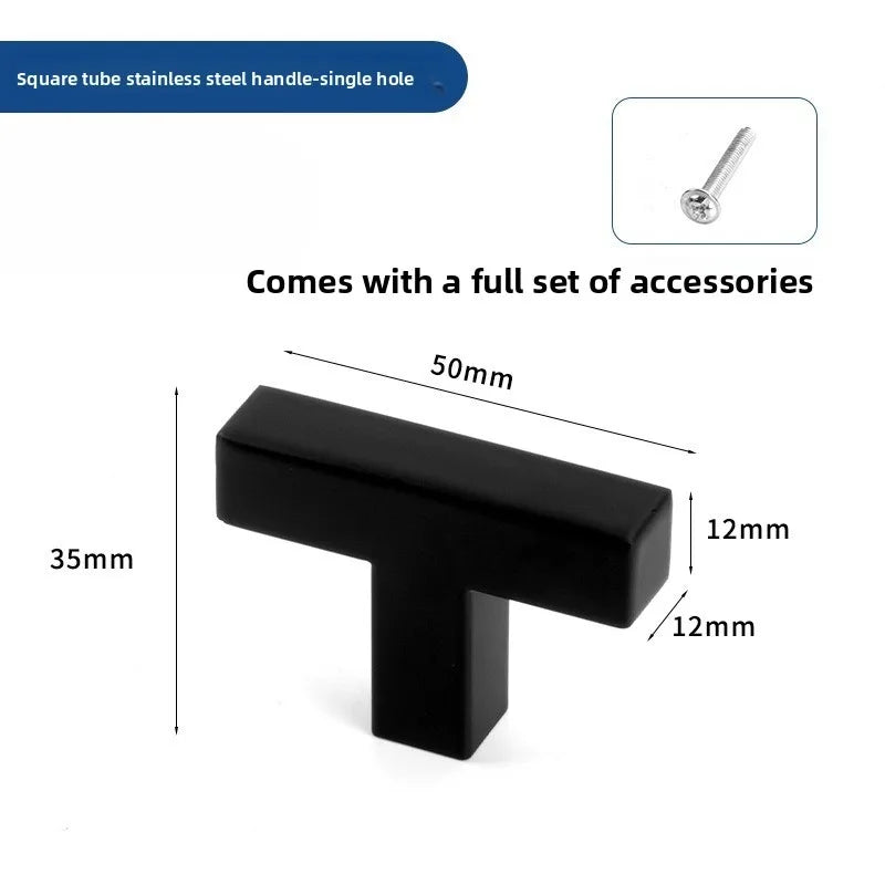 Matte black stainless steel cabinet pulls and a single handle-single hole accessory set