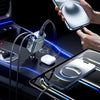 A hand is shown using a 4-port retractable car charger to simultaneously charge multiple devices in a car setting.
